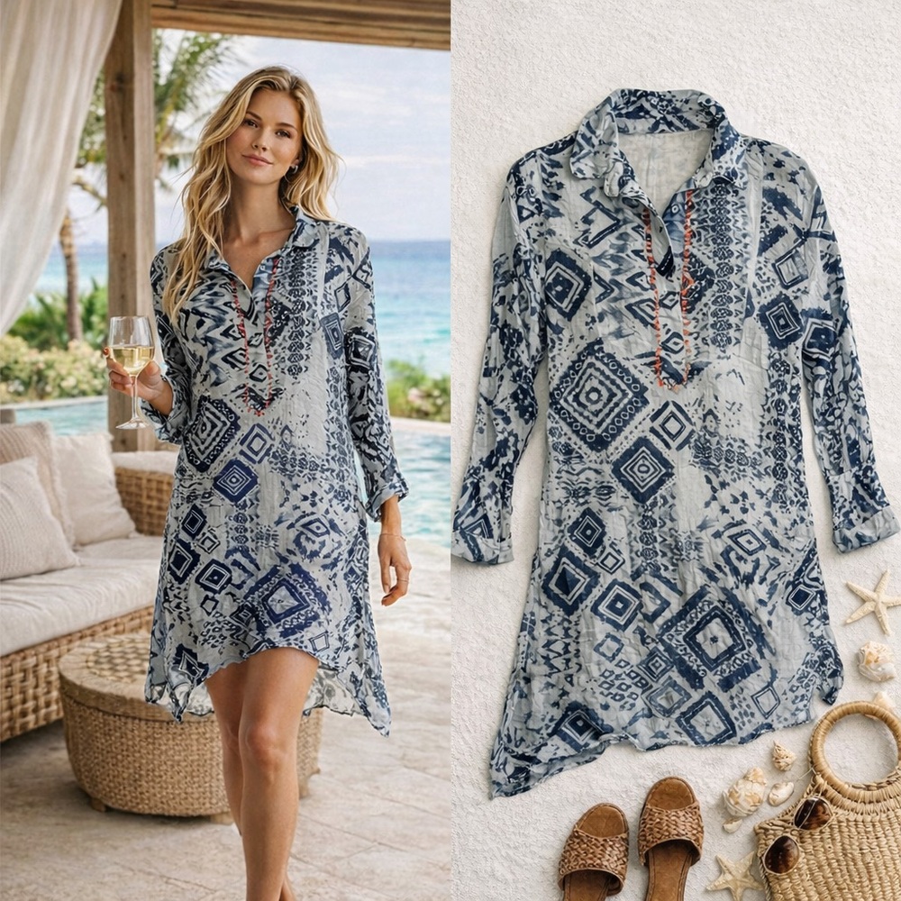 Dolma Sheer Cotton Geo Tunic Dress Lightweight Boho Resort EUC Size Large